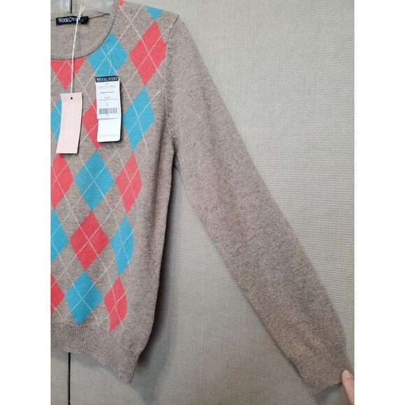 Woolovers Merino Wool/Cashmere Brown Argyle Long Sleeve Pullover Sweater S NWT - Picture 2 of 10